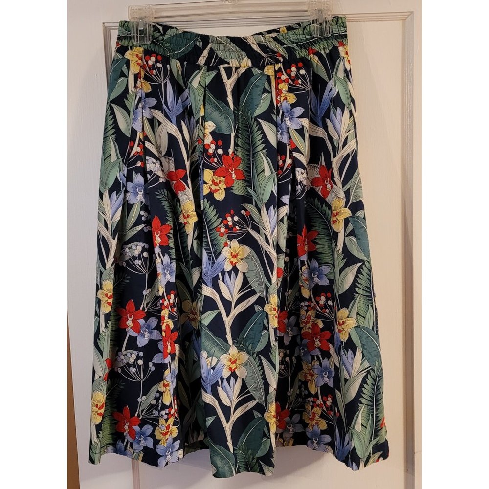 Tropical print large-pleated midi skirt